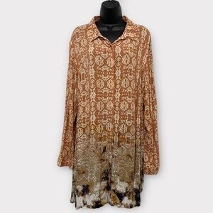 Zac & Rachel Tan Multi-Print Long Sleeve Button Front Tunic Top Size XL